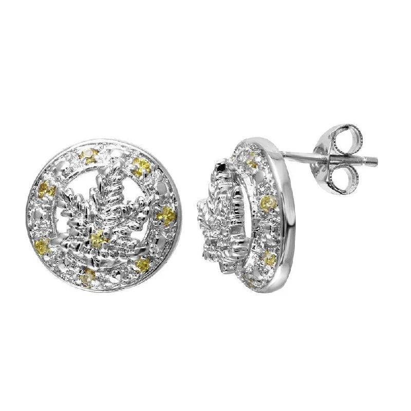 ladies-statement-gold-earrings-Final Price-Rhodium Plated 925 Sterling Silver Yellow CZ Marijuana Leaf Stud Earrings - STEM066YLW