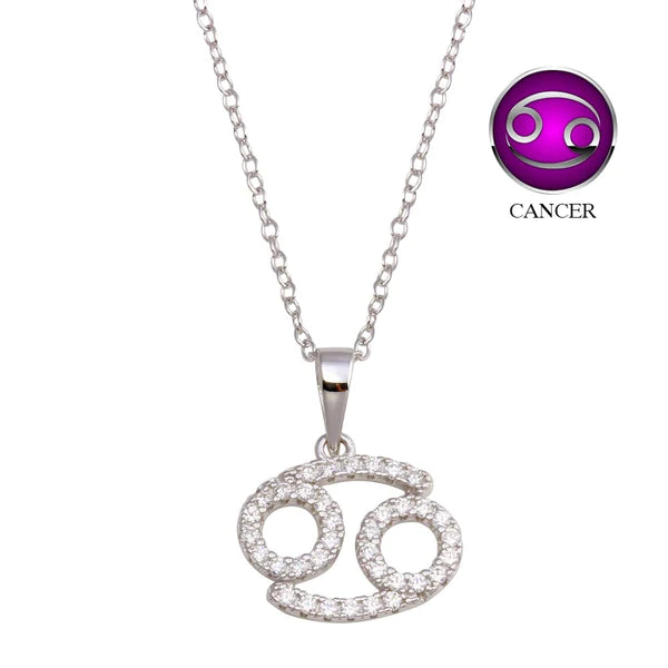 Ladies necklaces for workshops -Silver 925 Rhodium Plated Cancer CZ Zodiac Sign Necklace