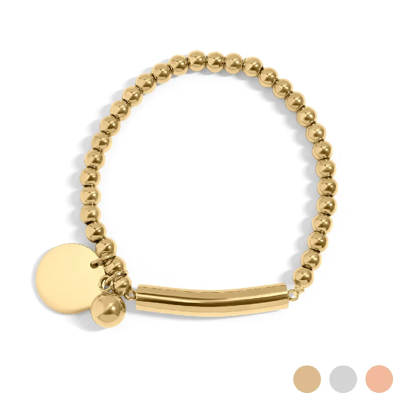 Ladies bracelets for tropical getaways -18K Gold PVD Stainless Steel Beaded Stretch Bracelet with Engravable Charm / SBB0271