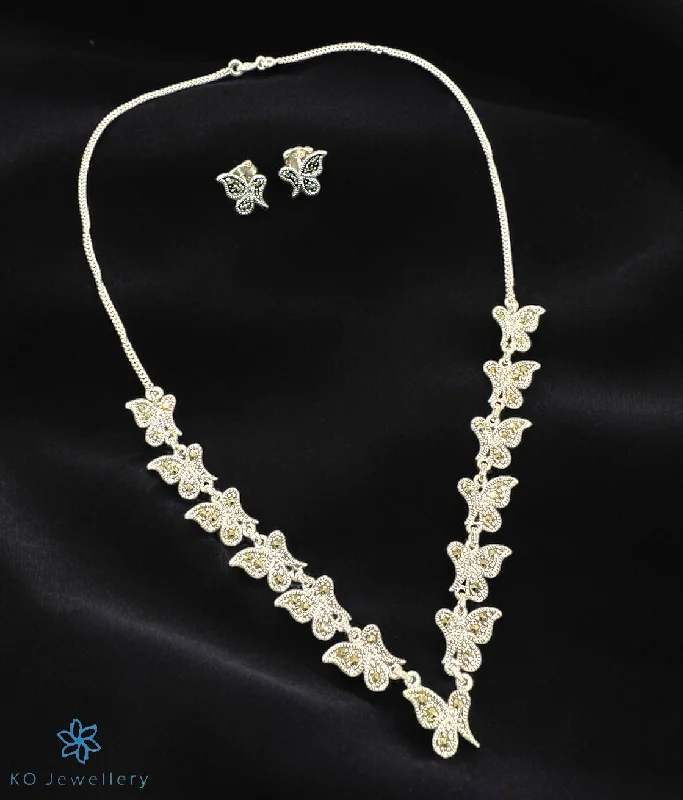 ladies-star-pearl-earrings-The Butterfly Silver Marcasite Necklace & Earrings Set