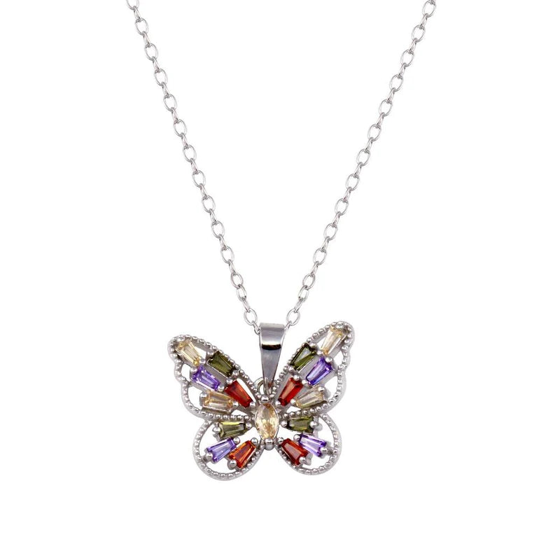 Ladies necklaces cool strands -Silver 925 Rhodium Plated Multicolor Baguette Butterfly Necklace