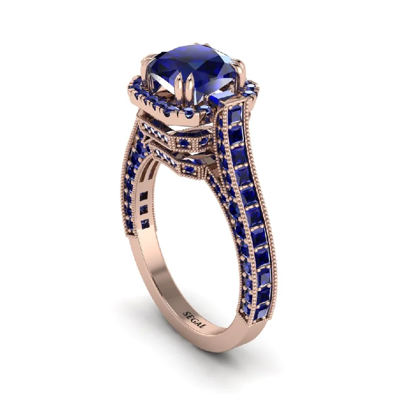 engagement-marquise-cut-rose-gold-ring-Sapphire Three Halo Milgrain Engagement Ring - Mira No. 74