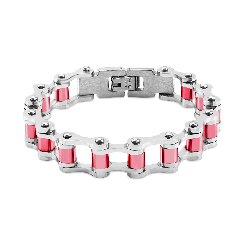 Ladies bracelets with crescent charms -Stainless Steel And Pink Bike Chain Bracelet / BRJ2070