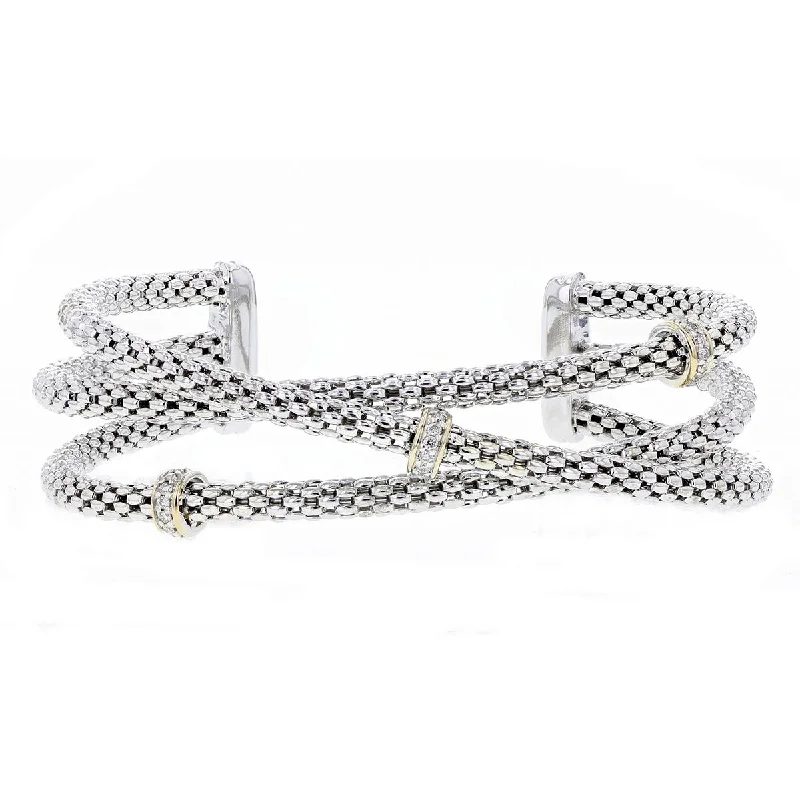 Ladies bracelets with knot symbol -TEXTURED SILVER BANGLE BRACELET WITH GOLD AND DIAMONDS, 1/5 CT TW