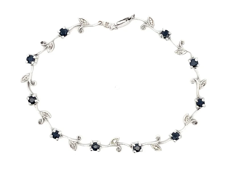 Ladies bracelets with white opal -Sapphire Flower Diamond Leaf Bracelet in 14k White Gold