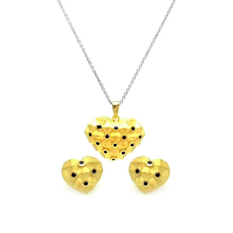 ladies-charm-pearl-earrings-Clearance-Silver 925 Gold Plated Black Polka Dot Heart CZ Stud Earring and Necklace Set - STS00379