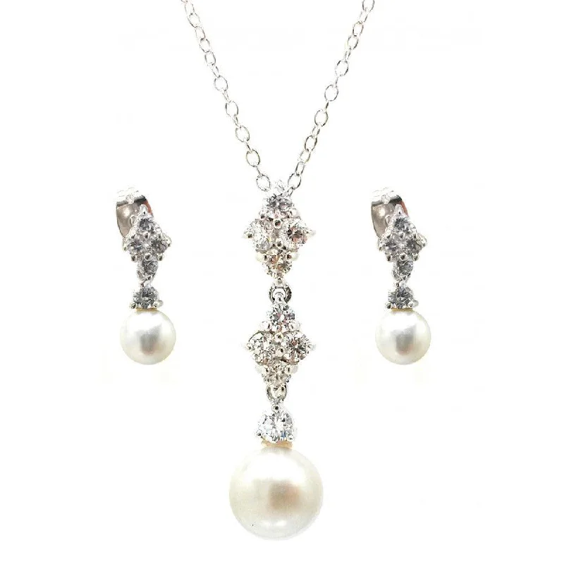 ladies-affordable-rose-gold-earrings-Silver 925 Rhodium Plated Ornate Pearl Clear CZ Stud Dangling Earring and Dangling Necklace Set - BGS00320