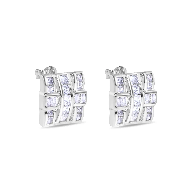 ladies-minimalist-rose-gold-earrings-Final Price-Rhodium Plated 925 Sterling Silver Square Cross Design Clear CZ Stud Earring - STEM124