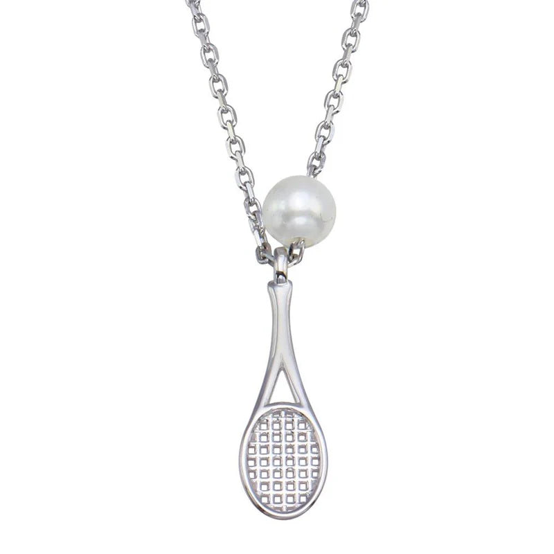 Ladies necklaces for get-togethers -Silver 925 Rhodium Plated 925 Sterling Silver Synthetic Mother of Pearl Tennis Racket Necklace