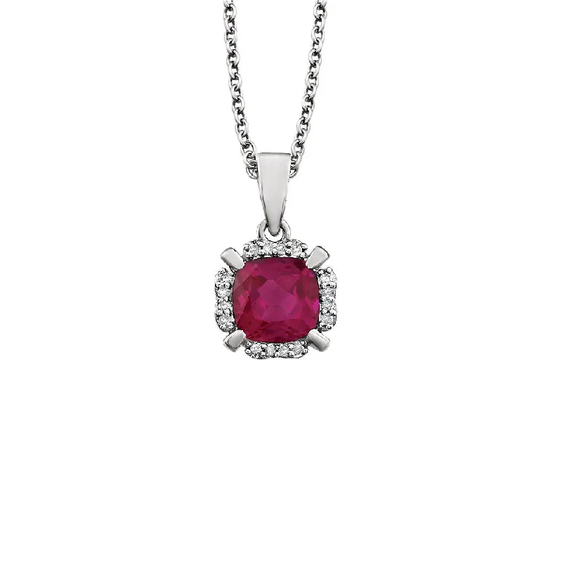 Ladies necklaces for singers -Cushion Created Ruby & Diamond Necklace in 14k White Gold, 18 Inch