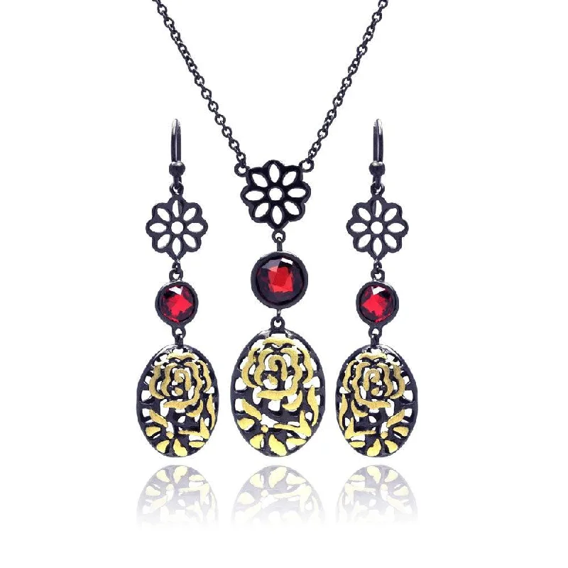 ladies-artisan-diamond-earrings-Clearance-Silver 925 Black Rhodium Gold Plated Flower Filigree Red CZ Stud Earring and Necklace Set - STS00396