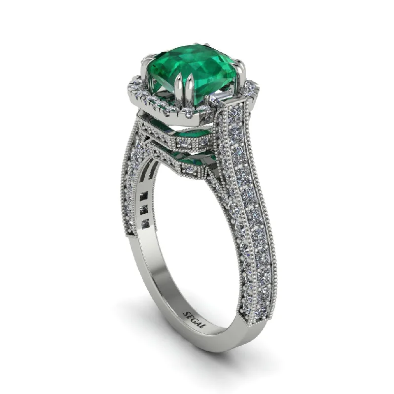 engagement-elegant-pearl-ring-Emerald Three Halo Milgrain Engagement Ring - Mira No. 6