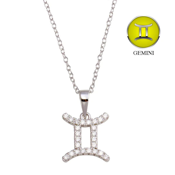 Ladies necklaces with unicorn pendants -Silver 925 Rhodium Plated Gemini CZ Zodiac Sign Necklace