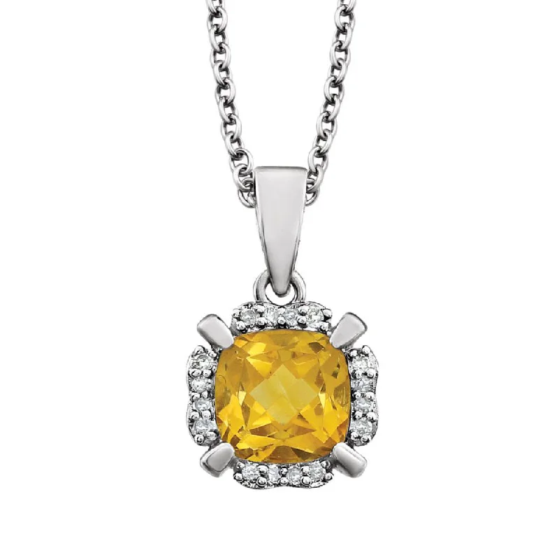 Ladies necklaces with prehnite -Cushion Citrine & Diamond Necklace in 14k White Gold, 18 Inch