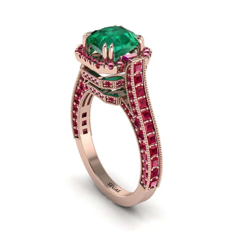 engagement-luxury-rose-gold-ring-Emerald Three Halo Milgrain Engagement Ring - Mira No. 50