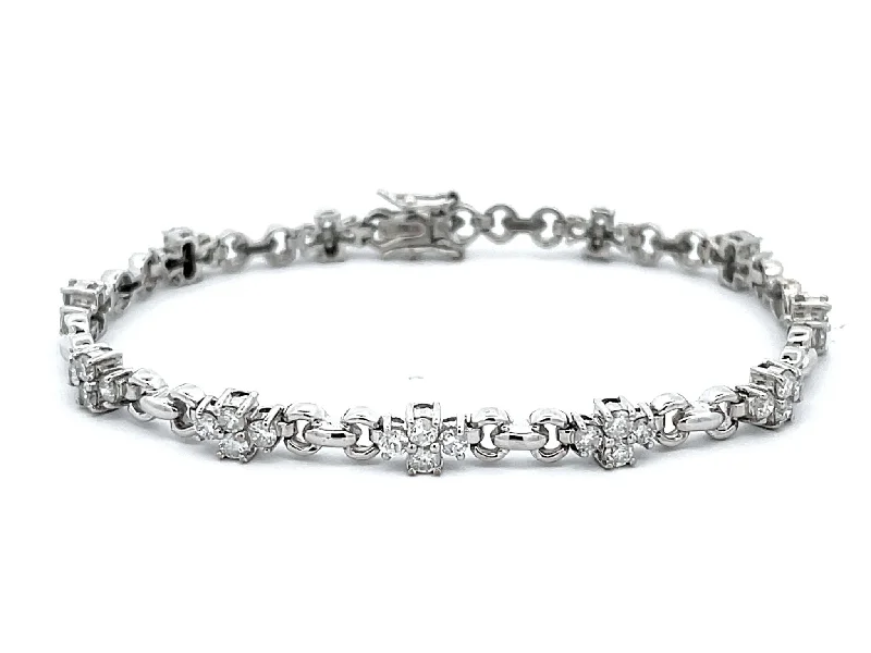 Ladies bracelets with kitty charms -Diamond Flower Chain Link Bracelet in 14k White Gold