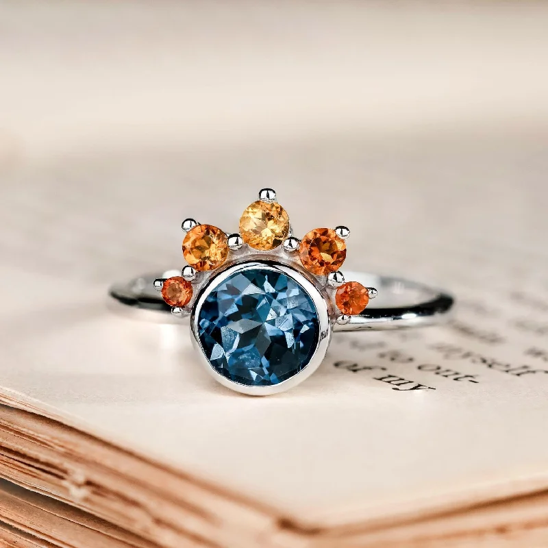 engagement-custom-pearl-ring-The Cosset - London Blue Topaz Engagement Ring with Citrine Crown Accent & Bezel Setting