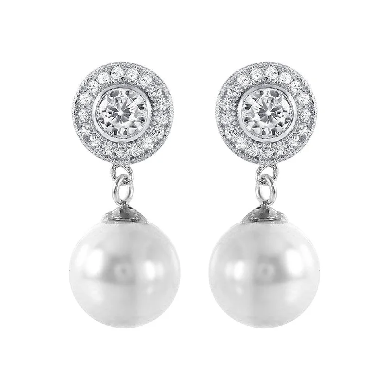 ladies-artisan-rose-gold-earrings-Silver 925 Rhodium Plated Pearl CZ Cluster Earrings - STE00988