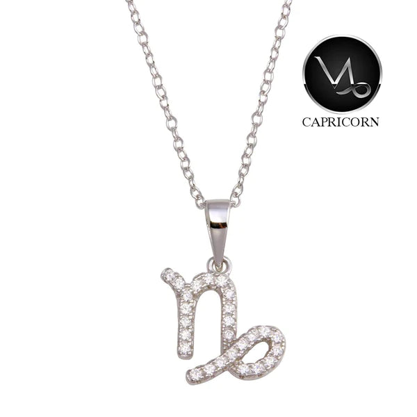 Ladies necklaces for retreats -Silver 925 Rhodium Plated Capricorn CZ Zodiac Sign Necklace