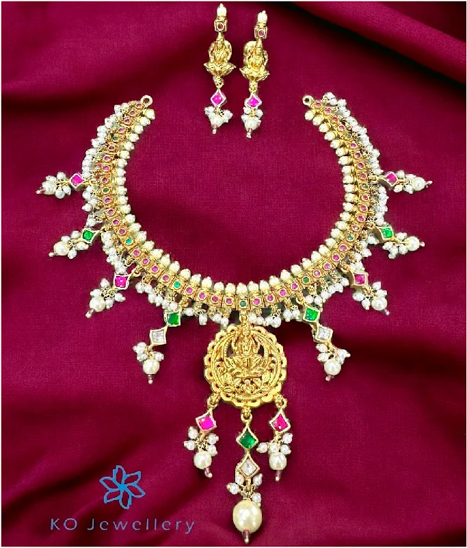 ladies-sterling-silver-pearl-earrings-The Chitralekha Lakshmi Silver Necklace & Earrings