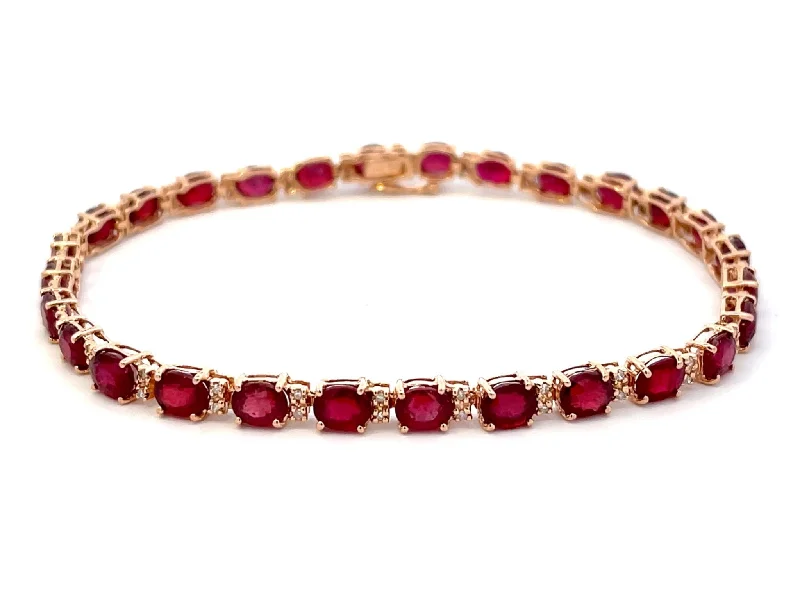 Ladies bracelets for fitness buffs -Effy Oval Red Ruby and Diamond Tennis Bracelet in 14k Rose Gold