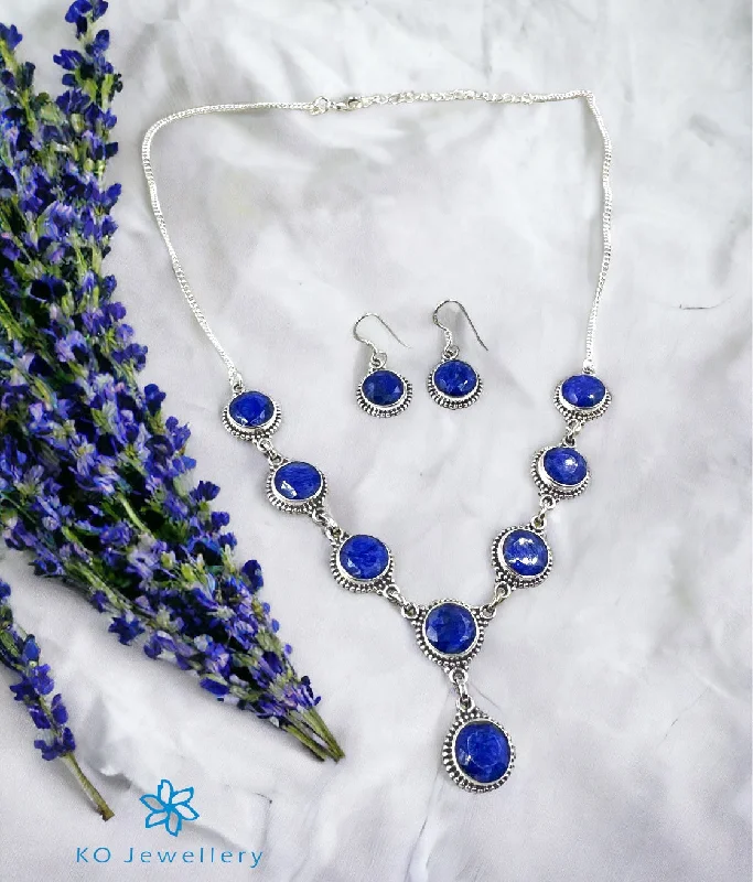 ladies-flower-gold-earrings-The Silver Gemstone Necklace & Earrings (Blue)