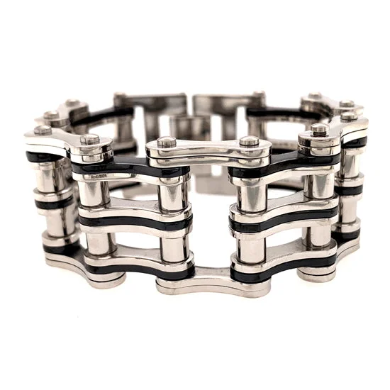 Ladies bracelets with streak charms -Stainless Steel And Black Double Bike Chain Bracelet / WCB1009