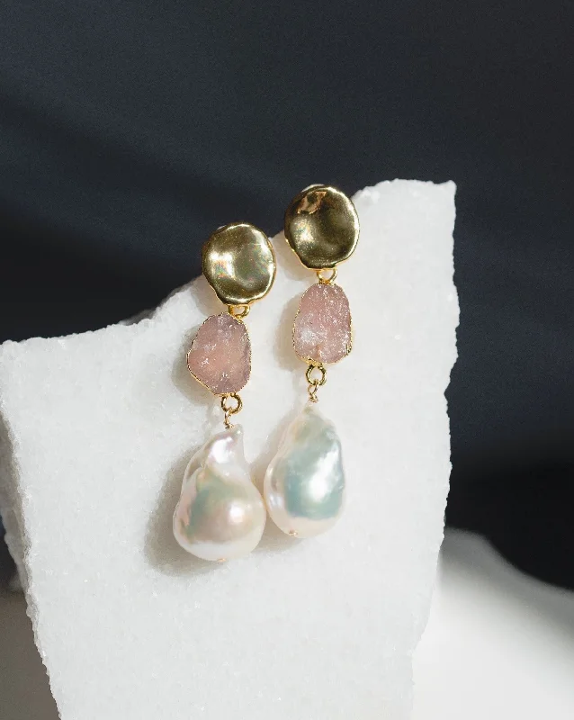 ladies-ethnic-diamond-earrings-October | Rose Quartz Birthstones x Pearls Earrings