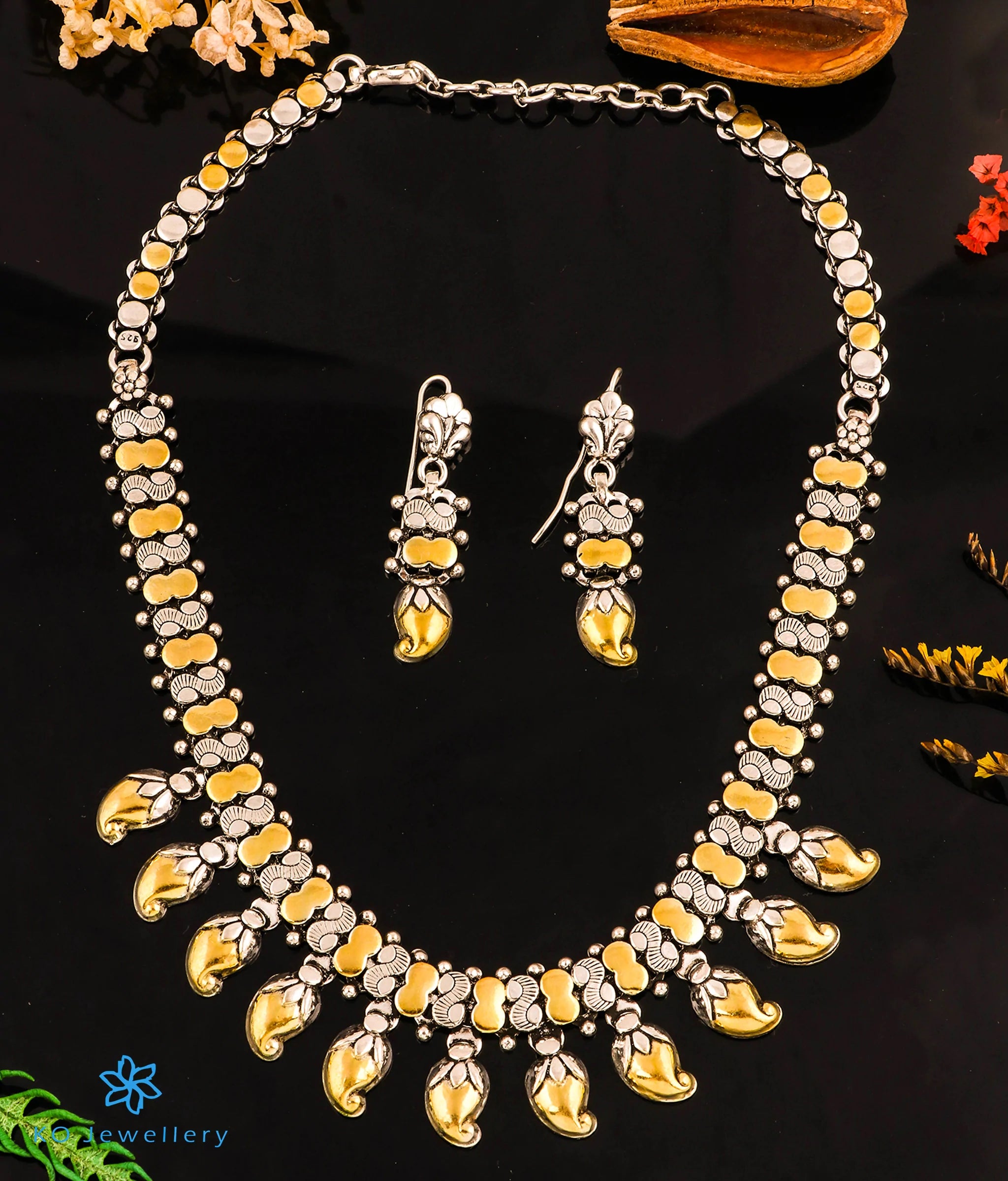 ladies-wedding-pearl-earrings-The Shravanti Silver Antique Paisley Necklace & Earrings (2 tone)