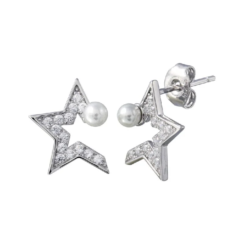 ladies-modern-silver-earrings-Rhodium Plated 925 Sterling Silver CZ Half Star Pearl Stud Earrings - STE01200