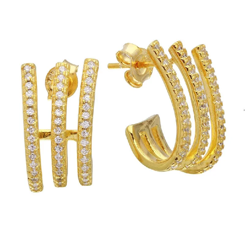 ladies-affordable-pearl-earrings-Gold Plated 925 Sterling Silver 3 Row CZ Hugging Earrings - STE01077GP