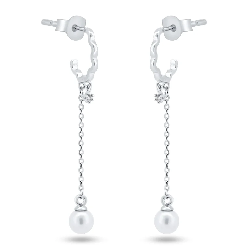 ladies-charm-rose-gold-earrings-Sterling Silver Rhodium Plated Dangling Pearl Semi Hoop CZ Earrings - GME00149