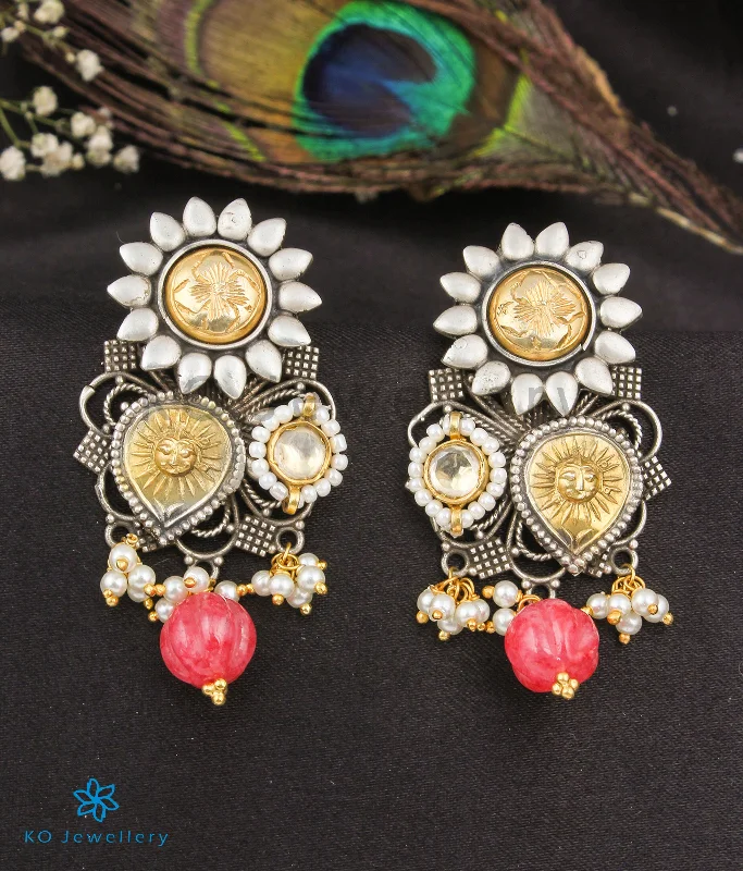 ladies-statement-hoop-earrings-The Suryamukhi Silver Kundan Earrings (2 Tone)