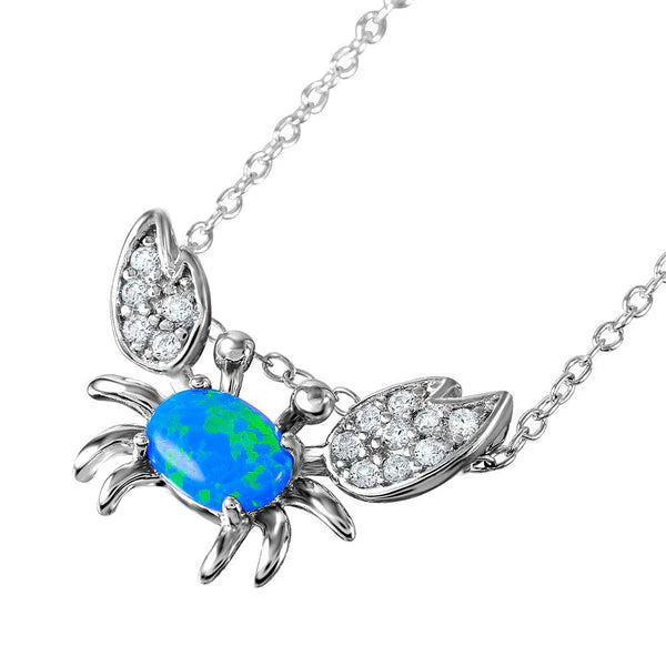 Ladies necklaces for dream chasers -Silver 925 Rhodium Plated Crab Necklace with CZ and Synthetic Blue Opal