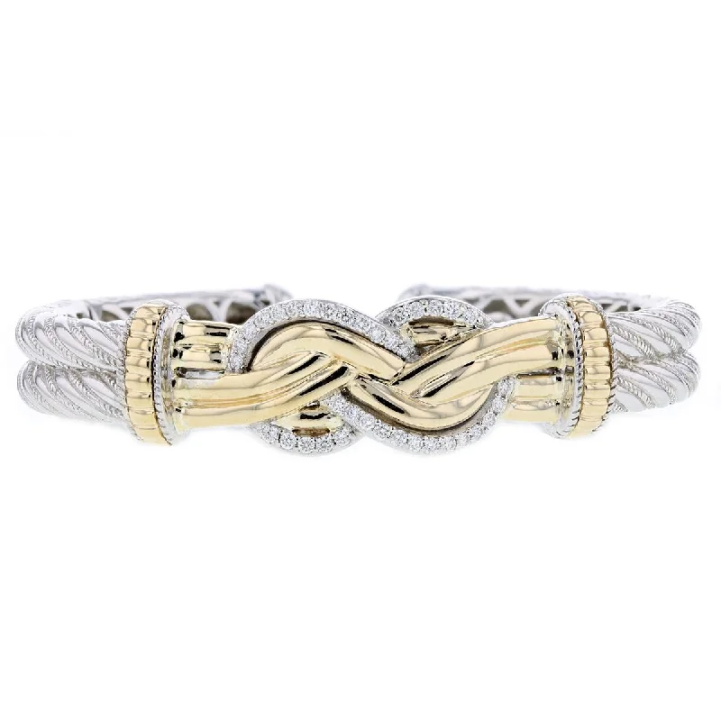 Ladies bracelets narrow bangles -SCULPTED DESIGN SILVER AND GOLD BANGLE BRACELET WITH DIAMONDS, .54 CT TW