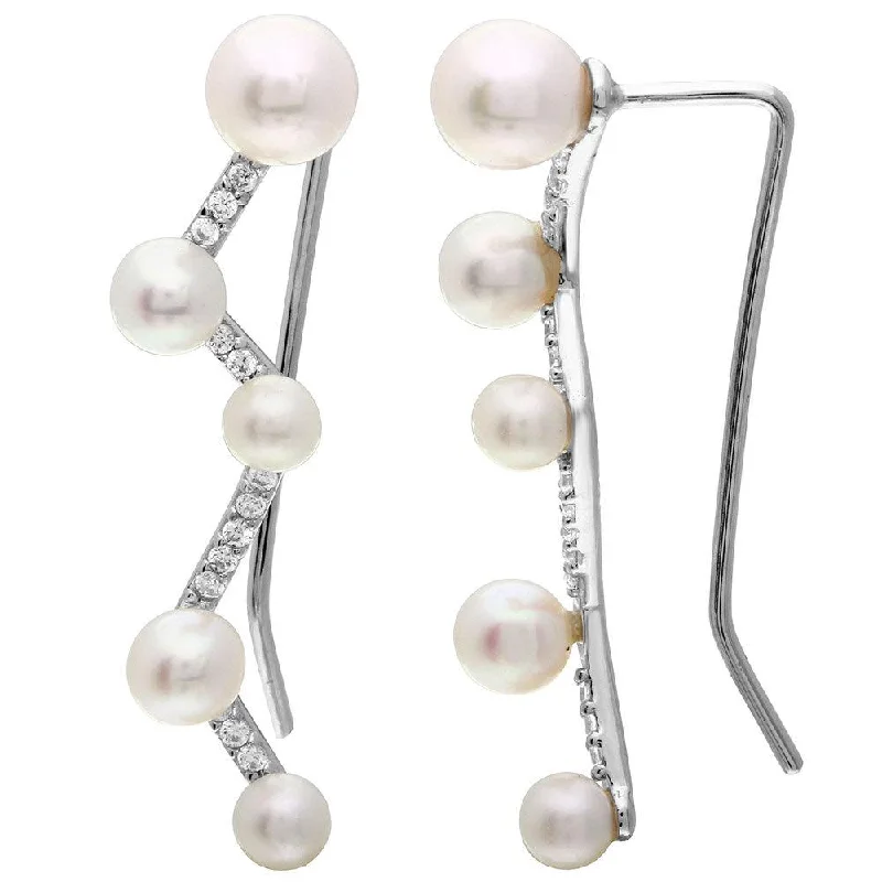 ladies-modern-diamond-earrings-Silver 925 Rhodium Plated CZ and Fresh Water Pearl Climbing Earrings - GME00070