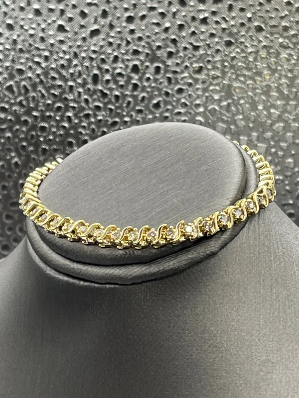 Ladies bracelets for snowy days -Ladies 14 Karat Solid Yellow Gold Diamond Tennis Bracelet