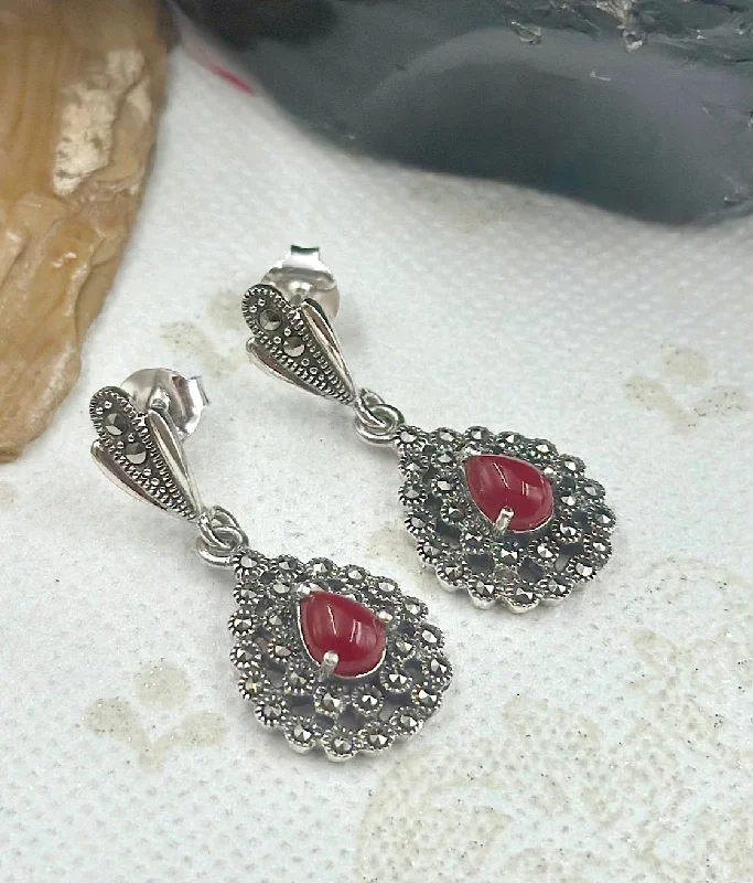 ladies-pendant-silver-earrings-The Silver Marcasite Earrings (Red)